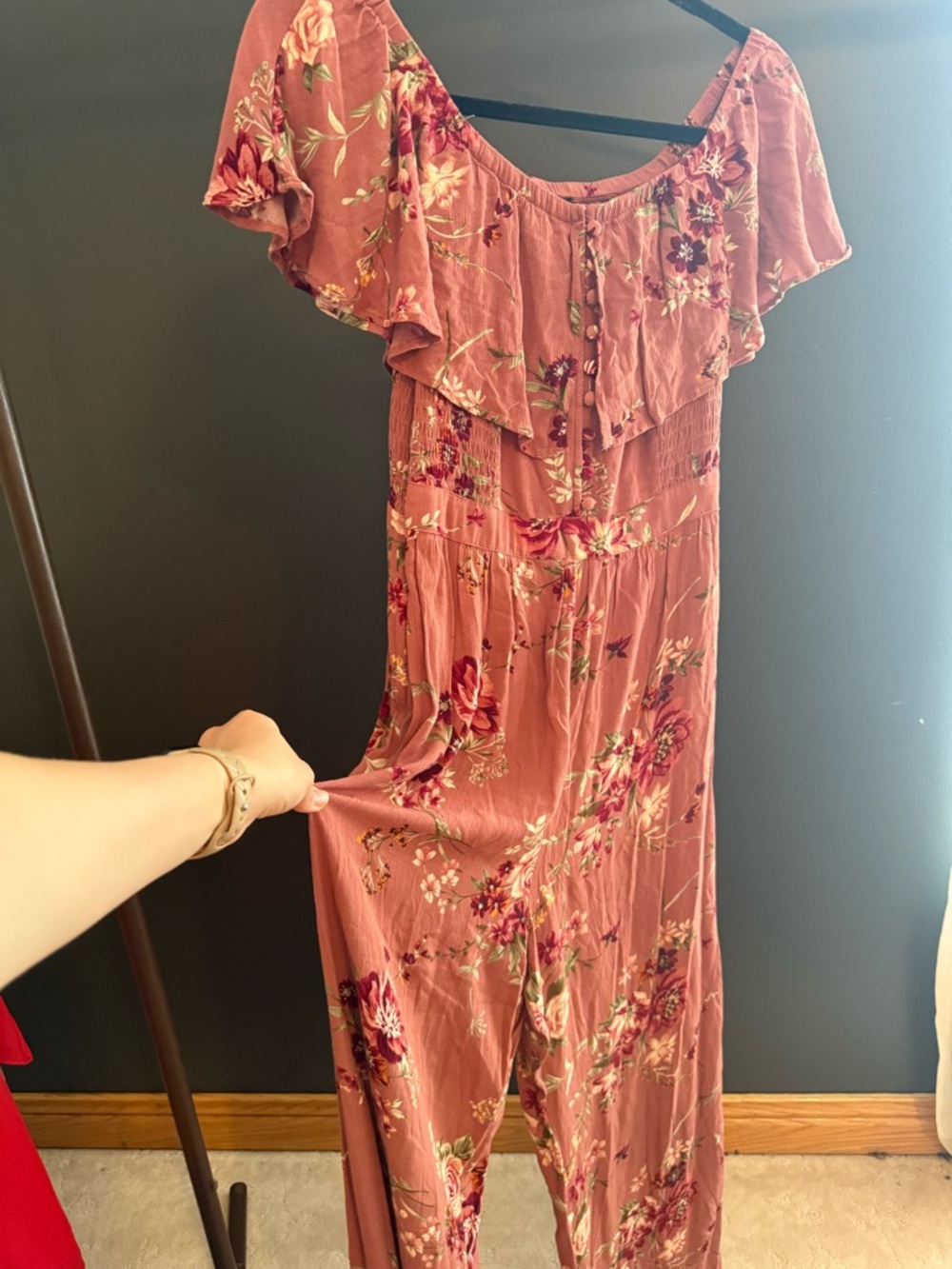 American Eagle Outfitters Mauve Floral Off-Shoulder Jumpsuit